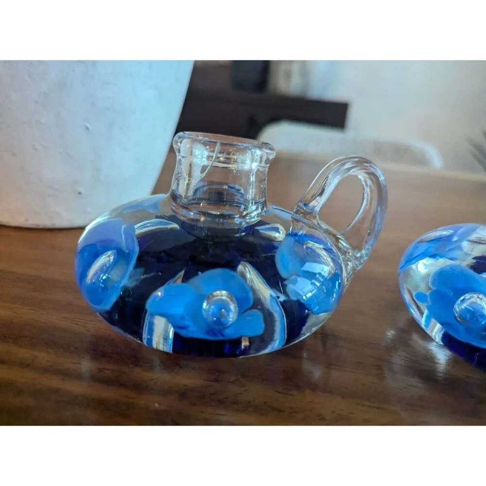 Vintage Set of 2  Joe St. Clair Glass Candle Holders cobalt blue Flowers